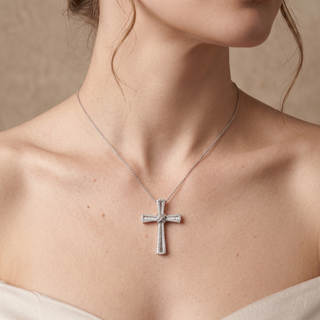 Model wearing 9K White Gold 1.24ct Diamond Cross Pendant - Sonny's Jewellers