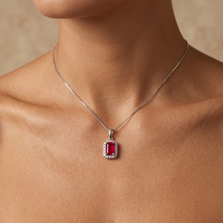 Model wearing 9K White Gold Ruby and Diamond Pendant - Sonny's Jewellers
