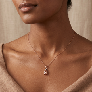 Model wearing 9K Rose Gold Oval Morganite & Diamond Pendant - Sonny's Jewellers