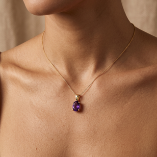 Model wearing 9K Yellow Gold Oval Amethyst Pendant - Sonny's Jewellers