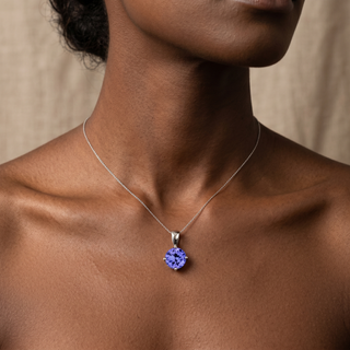 Model wearing 9K White Gold Round Tanzanite Pendant - Sonny's Jewellers