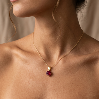 Model wearing 9K Yellow Gold Round Ruby Pendant - Sonny's Jewellers