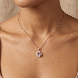 Model wearing 9K Rose Gold Pink Amethyst & Diamond Pendant - Sonny's Jewellers