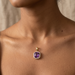 Model wearing 9K Yellow Gold Cushion Amethyst Diamond Halo Pendant - Sonny's Jewellers