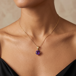 Model wearing 9K Yellow Gold Round Amethyst Pendant - Sonny's Jewellers