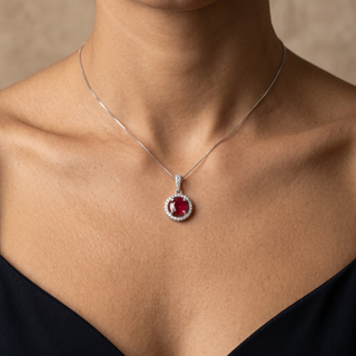 Model wearing 9K White Gold Ruby & Diamond Pendant - Sonny's Jewellers