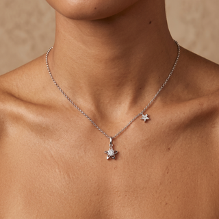Model wearing 9K White Gold 0.20ct Diamond Star Necklace - Sonny's Jewellers