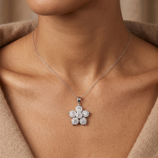 Model wearing 18K White Gold 0.98ct Diamond Flower Cluster Pendant - Sonny's Jewellers