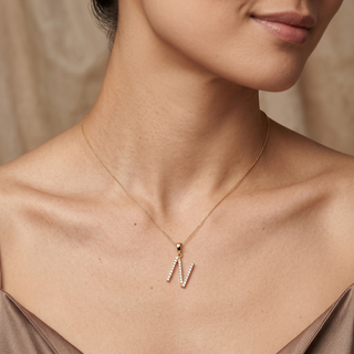Model wearing 9K Yellow Gold Large Diamond 'N' Initial Pendant - Sonny's Jewellers