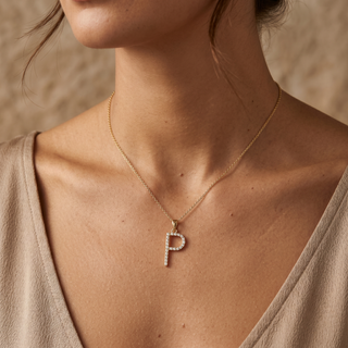 Model wearing 9K Yellow Gold Large Diamond 'P' Initial Pendant - Sonny's Jewellers