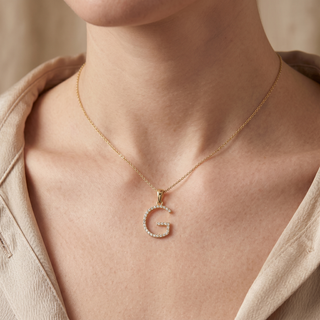 Model wearing 9K Yellow Gold Large Diamond 'G' Initial Pendant - Sonny's Jewellers