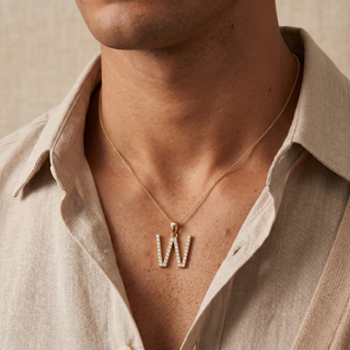 Model wearing 9K Yellow Gold Large Diamond 'W' Initial Pendant - Sonny's Jewellers