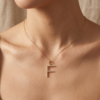 Model wearing 9K Yellow Gold Large Diamond 'F' Initial Pendant - Sonny's Jewellers