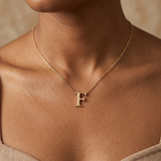 Model wearing 9K Yellow Gold Plain 'F' Initial Pendant - Sonny's Jewellers