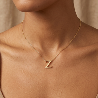 Model wearing 9K Yellow Gold Plain 'Z' Initial Pendant - Sonny's Jewellers