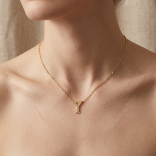 Model wearing 9K Yellow Gold Plain 'Y' Initial Pendant - Sonny's Jewellers