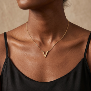 Model wearing 9K Yellow Gold Plain 'V' Initial Pendant - Sonny's Jewellers