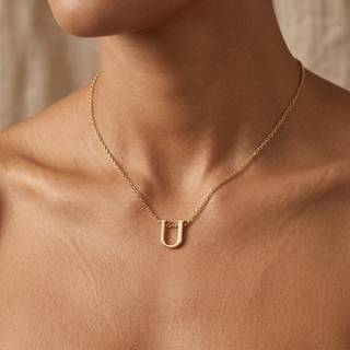 Model wearing 9K Yellow Gold Plain 'U' Initial Pendant - Sonny's Jewellers