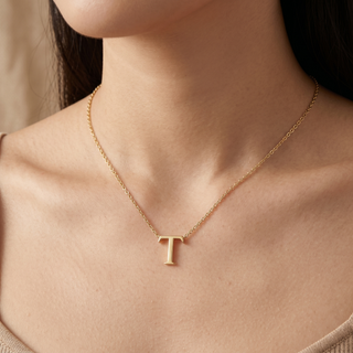Model wearing 9K Yellow Gold Plain 'T' Initial Pendant - Sonny's Jewellers