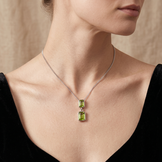 Model wearing 9K White Gold Peridot Octagonal Drop Pendant - Sonny's Jewellers