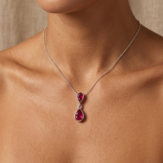 Model wearing 9K White Gold Double Pear Ruby Pendant - Sonny's Jewellers