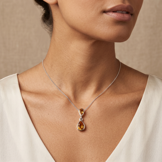 Model wearing 9K White Gold Double Pear Citrine Pendant - Sonny's Jewellers