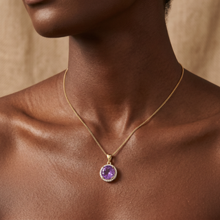 Model wearing 9K Yellow Gold Amethyst & Diamond Halo Pendant - Sonny's Jewellers