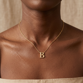 Model wearing 9K Yellow Gold Plain 'B' Initial Pendant - Sonny's Jewellers