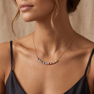 Model wearing 9K Yellow Gold Multicolour Sapphire and Diamond Bar Necklace - Sonny's Jewellers