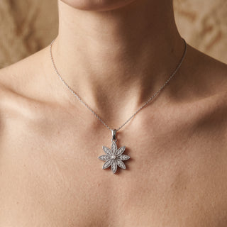 Model wearing 9K White Gold 0.10ct Diamond Flower Pendant - Sonny's Jewellers