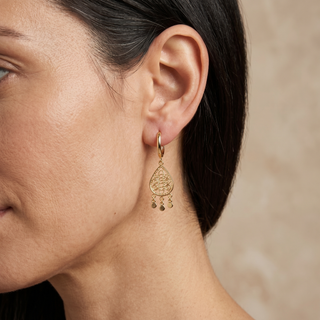 Model wearing 9K Yellow Gold Filigree Drop Hoop Earrings - Sonny's Jewellers
