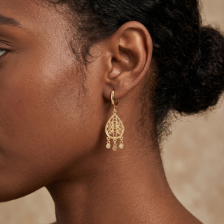 Model wearing 9K Yellow Gold Filigree Drop Hoop Earrings - Sonny's Jewellers