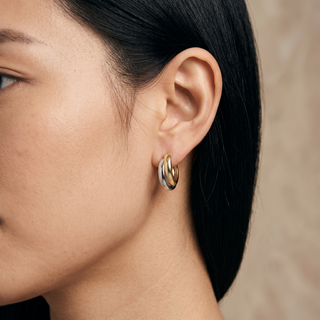 Model wearing 9K 2 Coloured Gold Overlap Half Hoop Earrings - Sonny's Jewellers