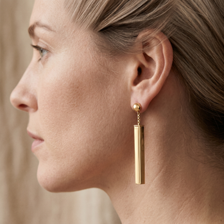 Model wearing 9K Yellow Gold Box Bar Drop Earrings - Sonny's Jewellers