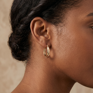 Model wearing 9K 3 Colour Gold Small Triple Oval Hoop Earrings - Sonny's Jewellers