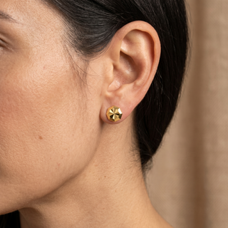 Model wearing 9K Yellow Gold Octagonal Stud Earrings - Sonny's Jewellers