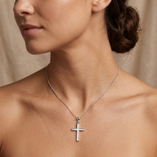 Model wearing 9K White Gold Cross Pendant - Sonny's Jewellers
