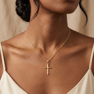 Model wearing 9K Yellow Gold 11mm x 27mm Cross Pendant - Sonny's Jewellers
