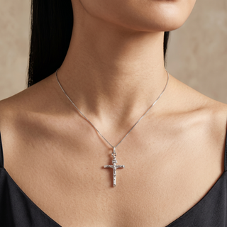 Model wearing 9K White Gold Textured Crucifix Pendant - Sonny's Jewellers