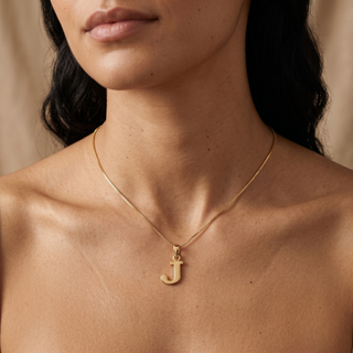 Model wearing 9K Yellow Gold 'J' Initial Pendant - Sonny's Jewellers