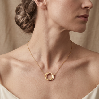 Model wearing 9K 2 Colour Gold Interlocking Ring Necklace - Sonny's Jewellers