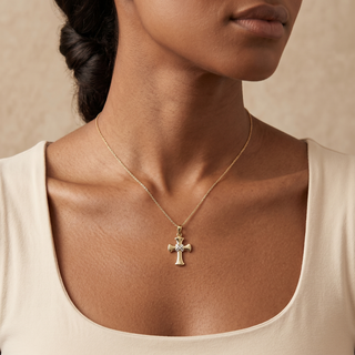 Model wearing 9K Yellow Gold Flared Cross Pendant - Sonny's Jewellers