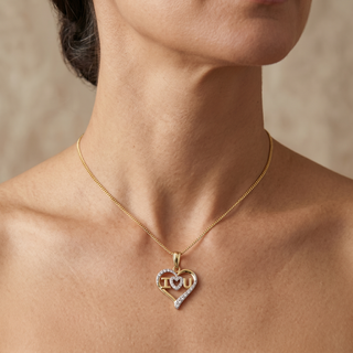 Model wearing 9K 2-Colour Gold 'I Love U' Heart Pendant - Sonny's Jewellers