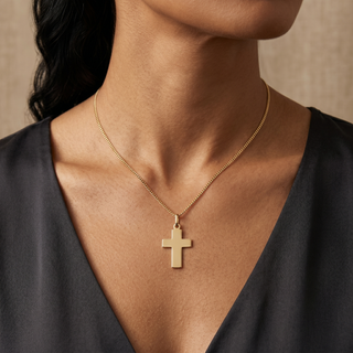 Model wearing 9K Yellow Gold Cross Pendant - Sonny's Jewellers