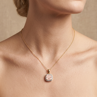 Model wearing 9K Yellow Gold Morganite & Diamond Pendant - Sonny's Jewellers