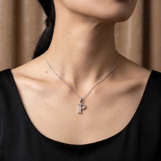 Model wearing 9K White Gold CZ 'P' Initial Pendant - Sonny's Jewellers