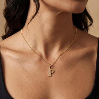 Model wearing 9K Yellow Gold CZ 'P' Initial Pendant - Sonny's Jewellers