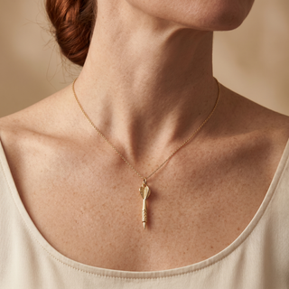Model wearing 9K Yellow Gold Small Dart Pendant - Sonny's Jewellers