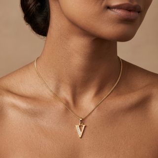 Model wearing 9K Yellow Gold CZ 'V' Initial Pendant - Sonny's Jewellers