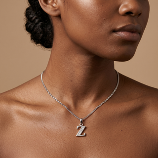 Model wearing 9K White Gold CZ 'Z' Initial Pendant - Sonny's Jewellers